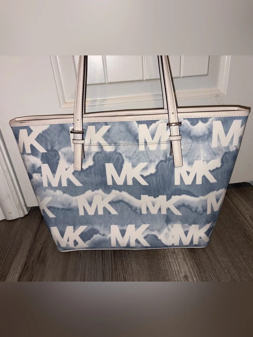 Michael Kors Blue and White MK Logo Cloud-Print Tote Shoulder Bag